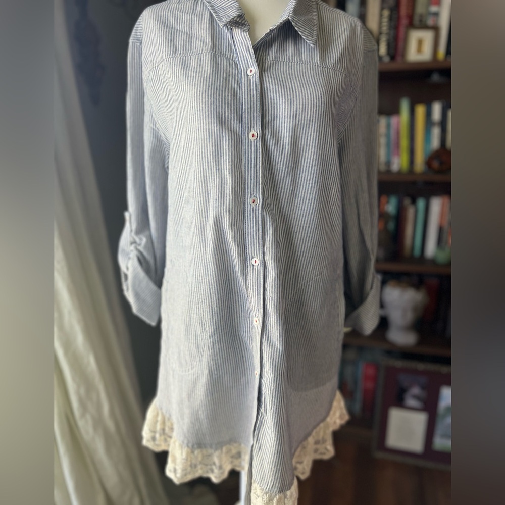 Blue Stripe Lace Trim Shirt Dress Tunic Cottagecore Boho Button Down Size M